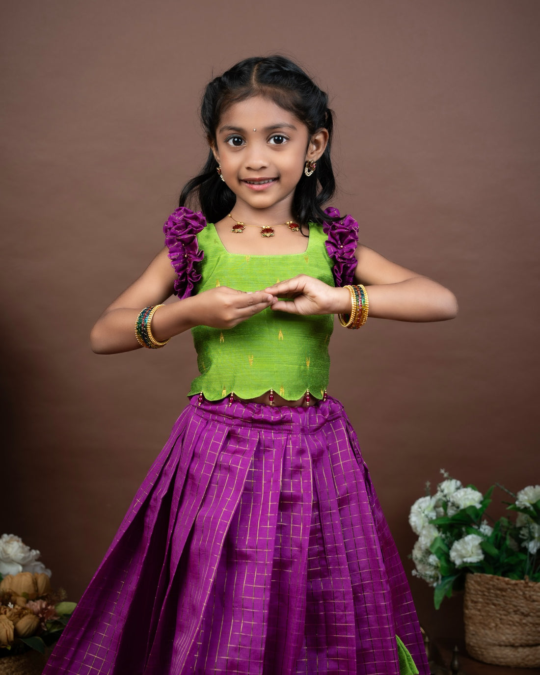 THURIGA - Light Green Raw Silk Top and Magenta Pink Checked Banarasi Skirt