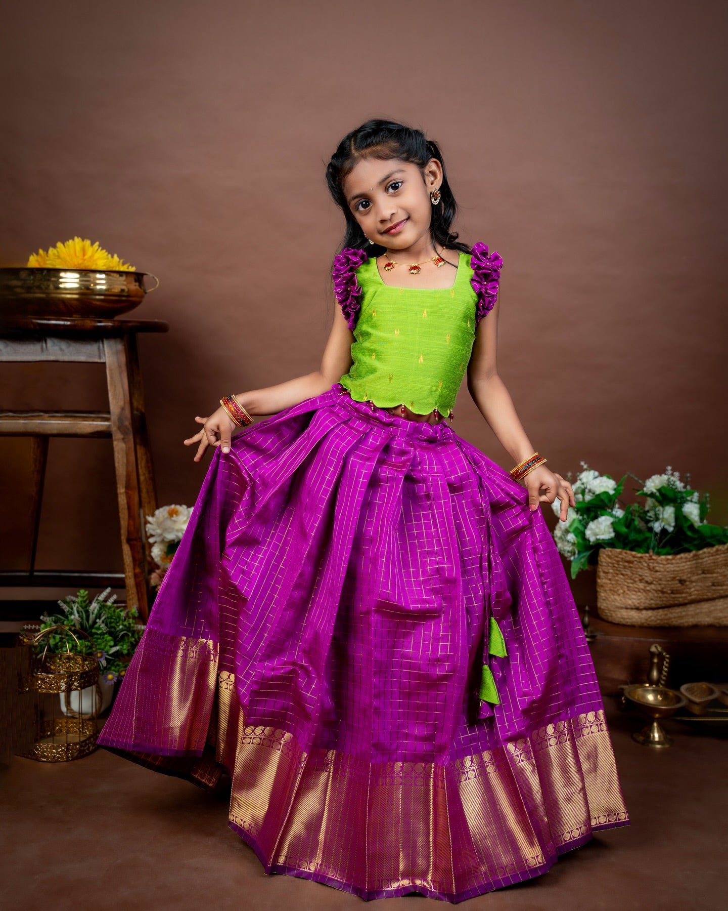 THURIGA - Light Green Raw Silk Top and Magenta Pink Checked Banarasi Skirt