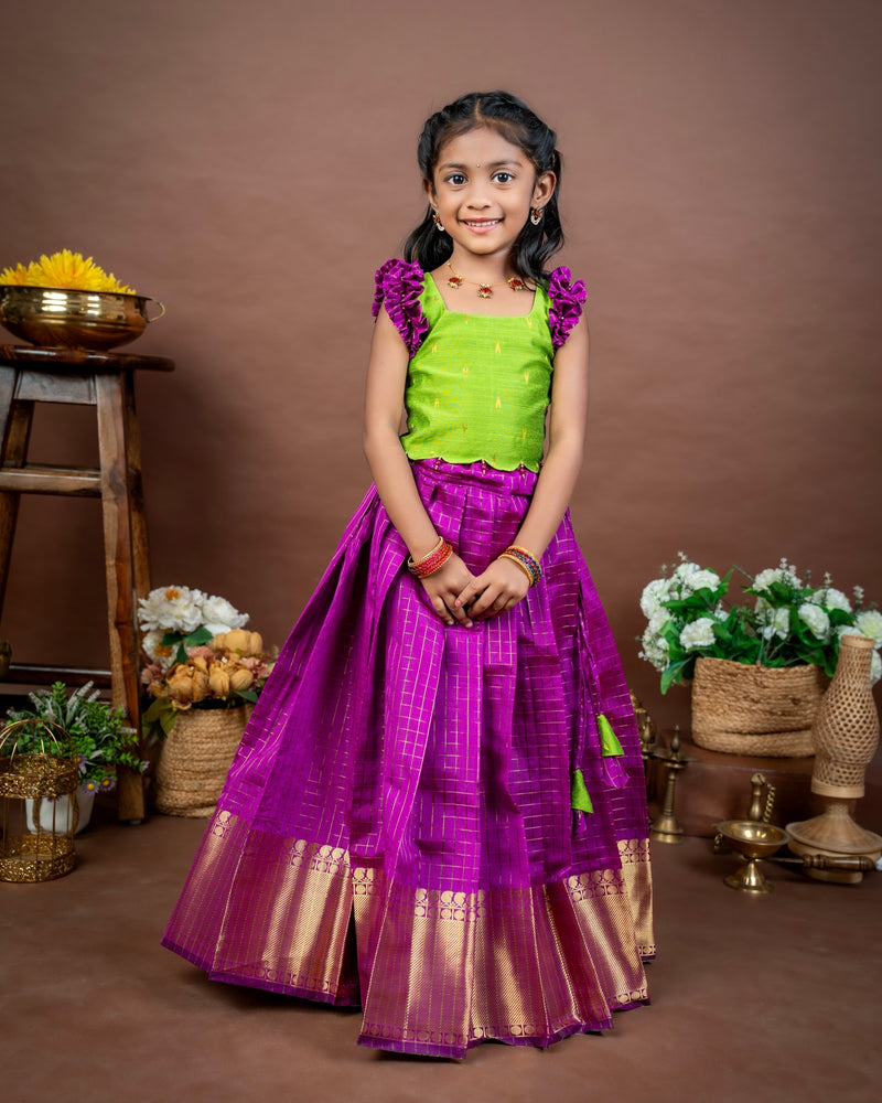 THURIGA - Light Green Raw Silk Top and Magenta Pink Checked Banarasi Skirt