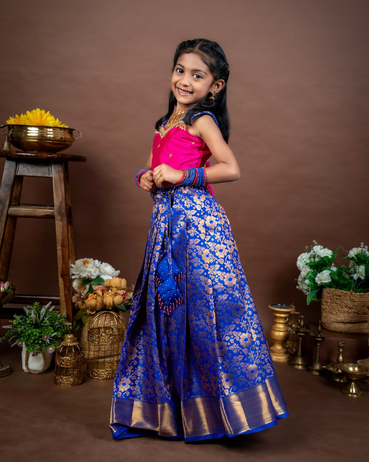 SINAMIKA - Blue and Pink Premium Semi Kanchipattu Pattu Pavadai Sattai