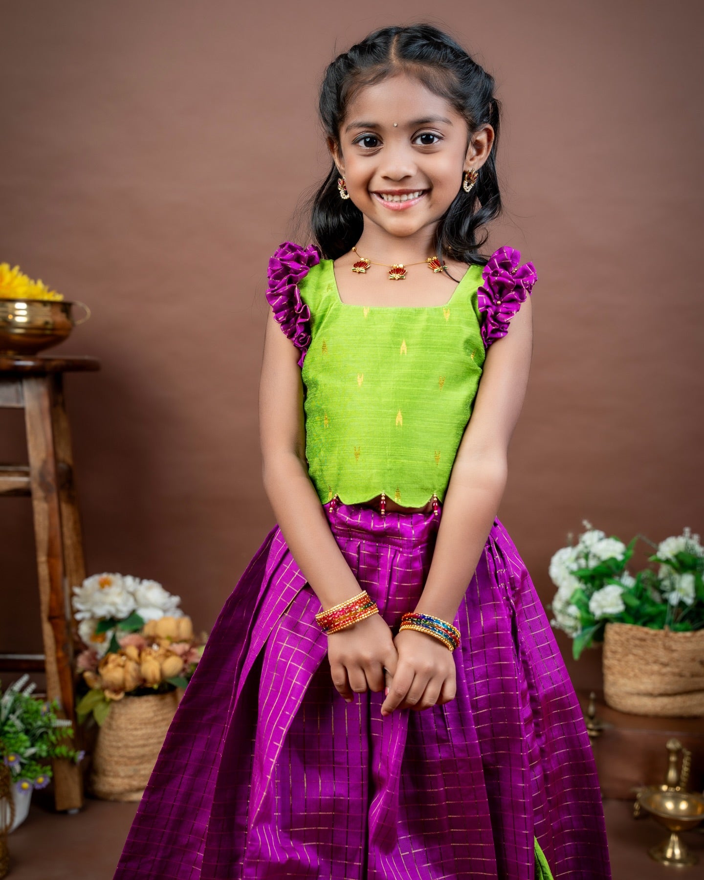 THURIGA - Light Green Raw Silk Top and Magenta Pink Checked Banarasi Skirt