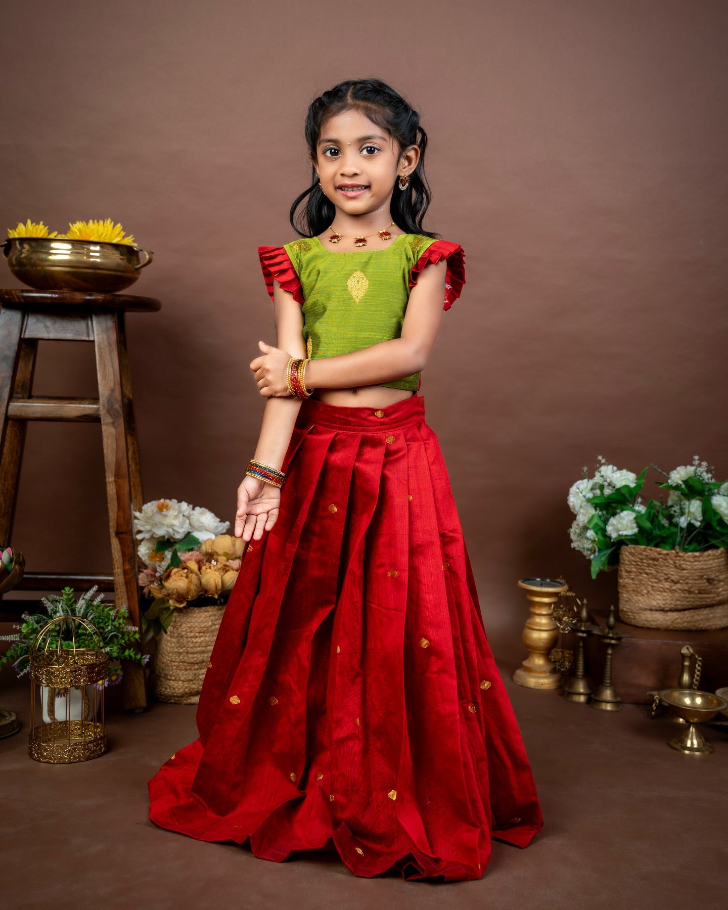 KAMALI - Olive Green Raw Silk Top with Red Raw Silk Pleated Skirt