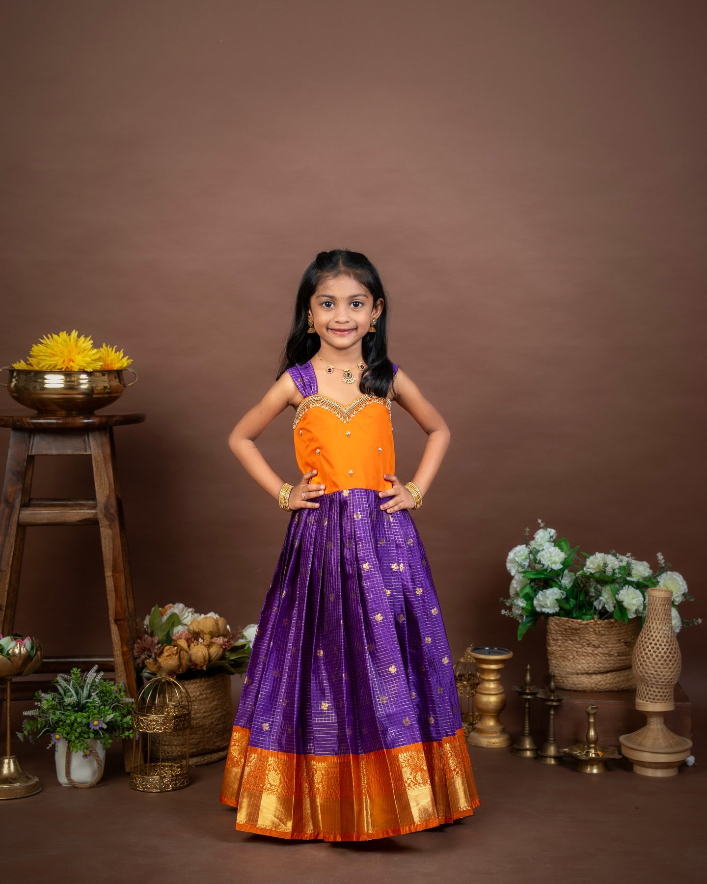 SITARA - Voilet and Orange Vintage Combo Banarasi Frock with Aari-Work Neckline