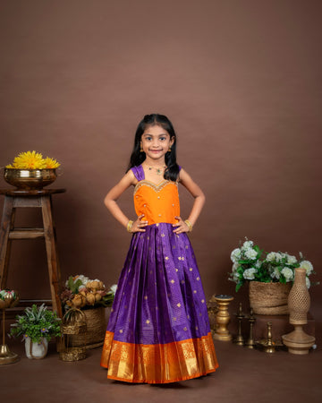 SITARA - Voilet and Orange Vintage Combo Banarasi Frock with Aari-Work Neckline