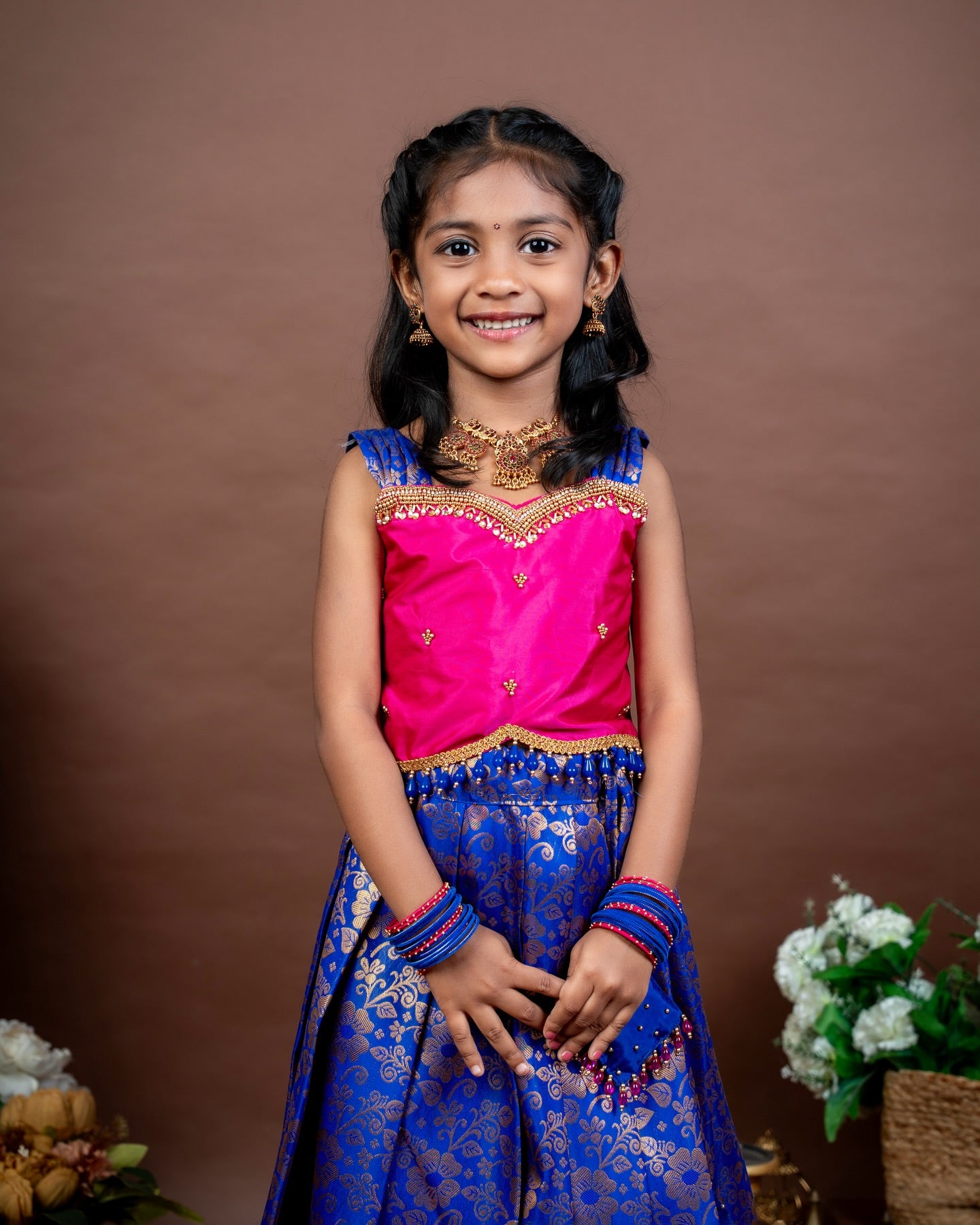 SINAMIKA - Blue and Pink Premium Semi Kanchipattu Pattu Pavadai Sattai
