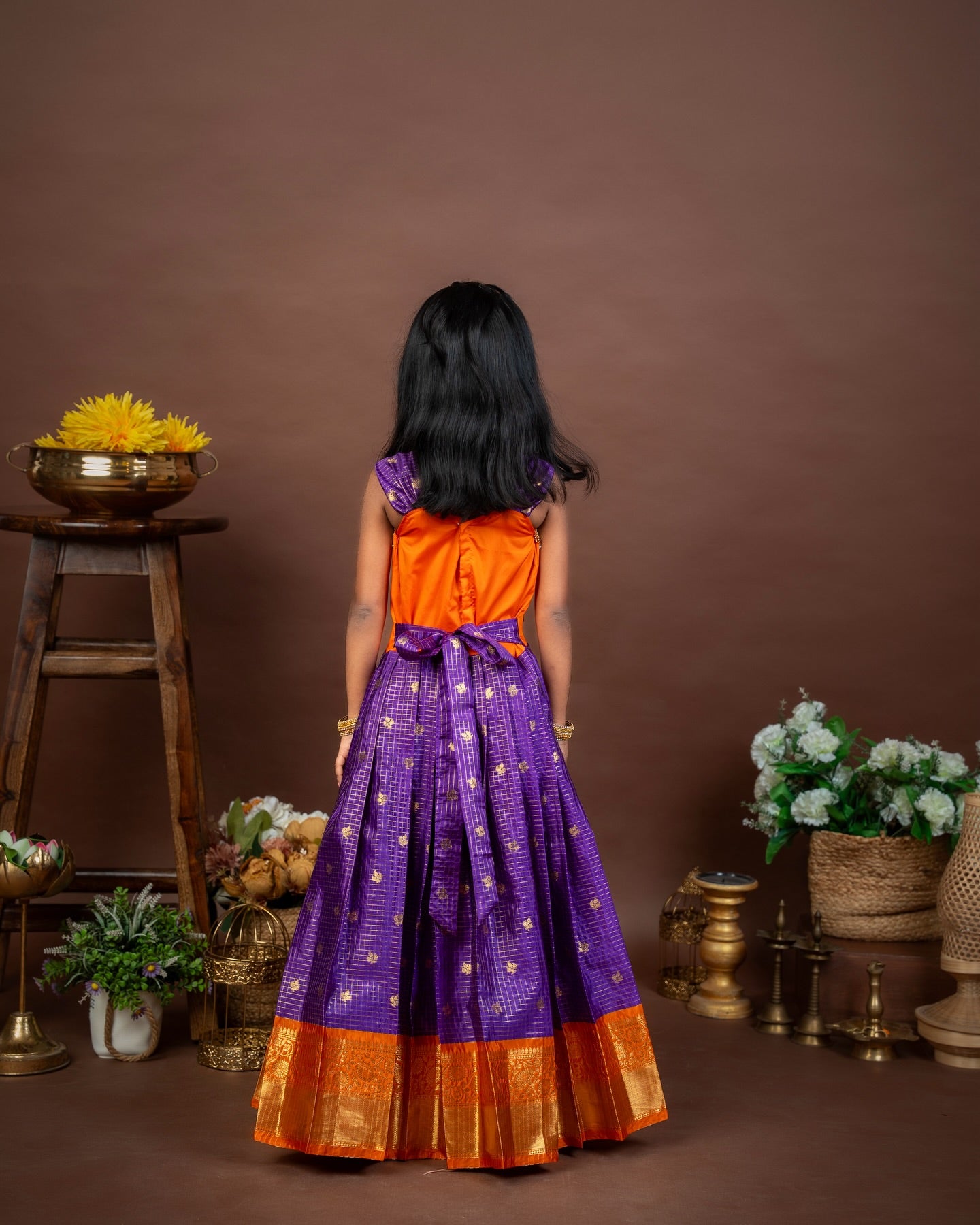 SITARA - Voilet and Orange Vintage Combo Banarasi Frock with Aari-Work Neckline