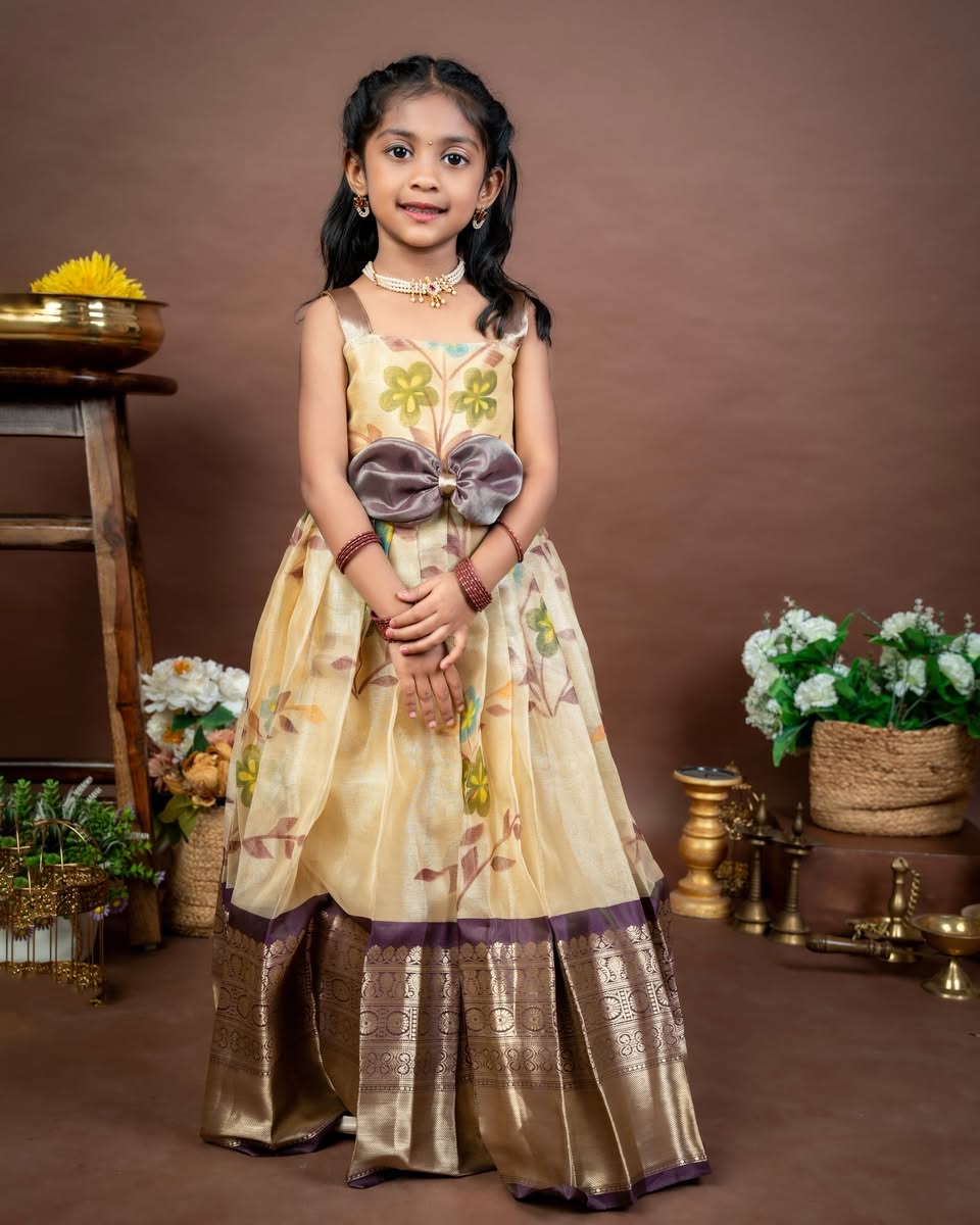 MALAR - Cream color Floral Hand-painted Frock with Traditional Brown Border