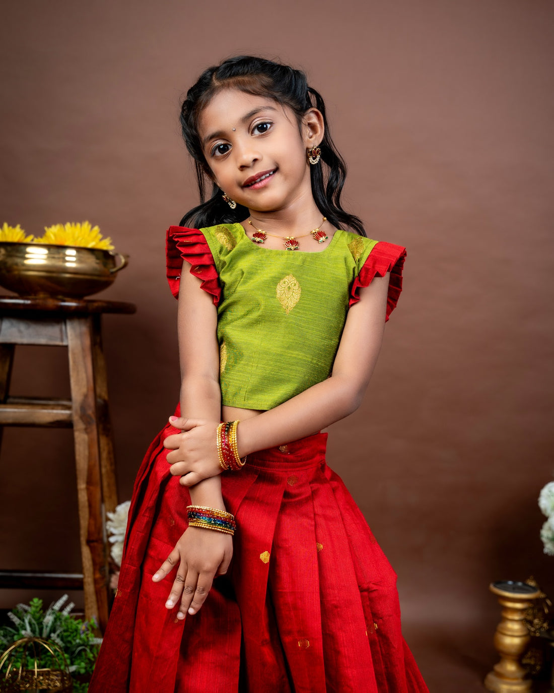 KAMALI - Olive Green Raw Silk Top with Red Raw Silk Pleated Skirt