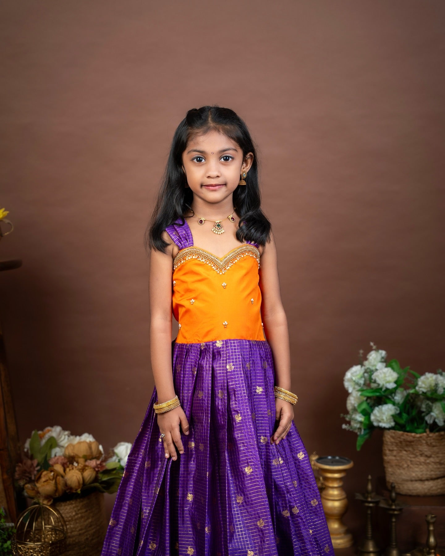 SITARA - Voilet and Orange Vintage Combo Banarasi Frock with Aari-Work Neckline