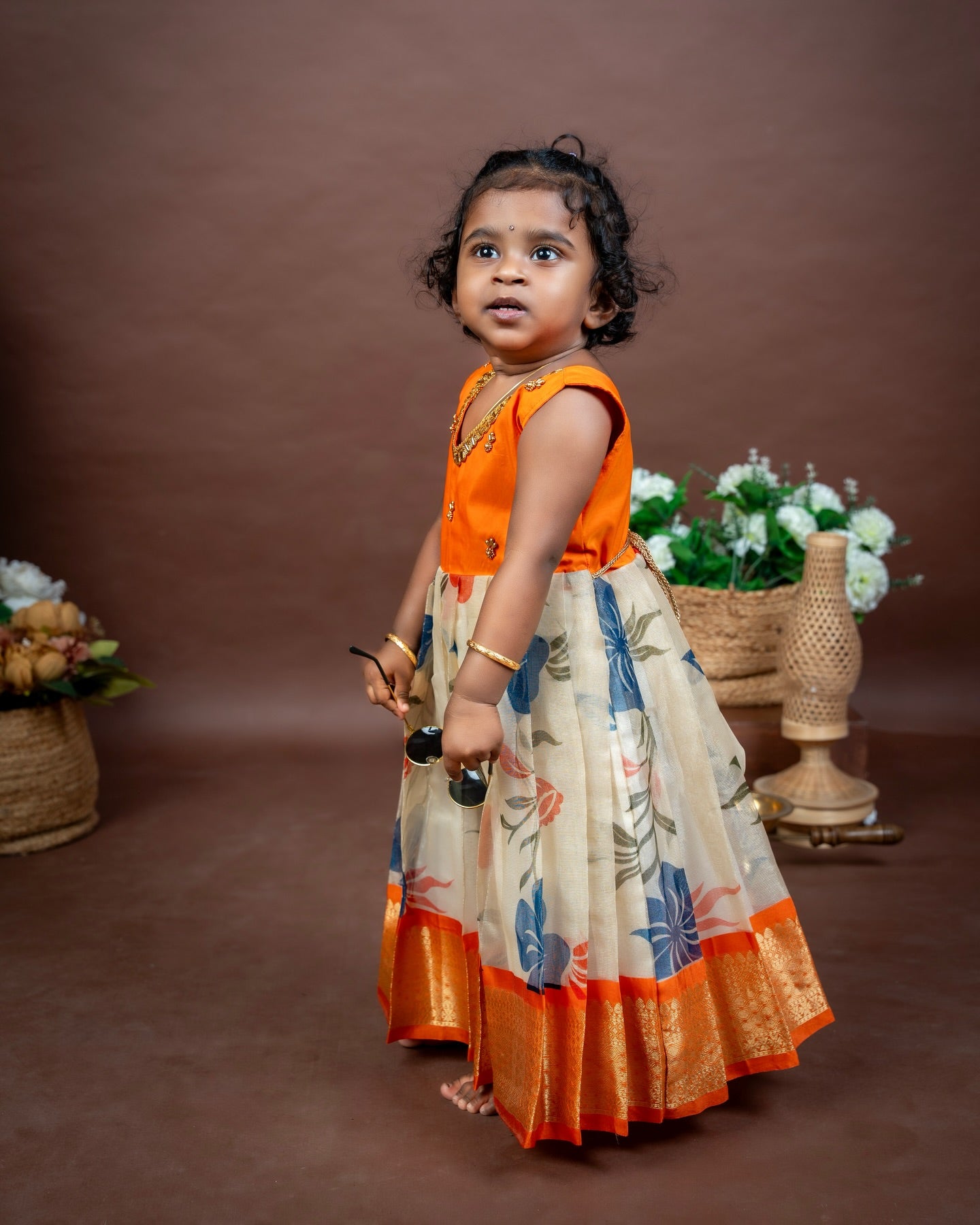 Orange and Cream Combo Tissue Silk Frock