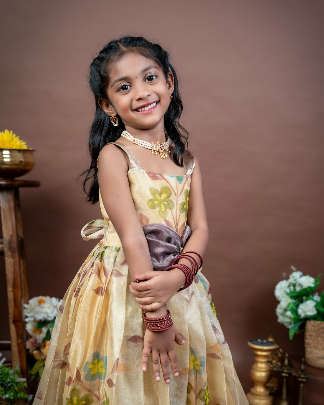 MALAR - Cream color Floral Hand-painted Frock with Traditional Brown Border