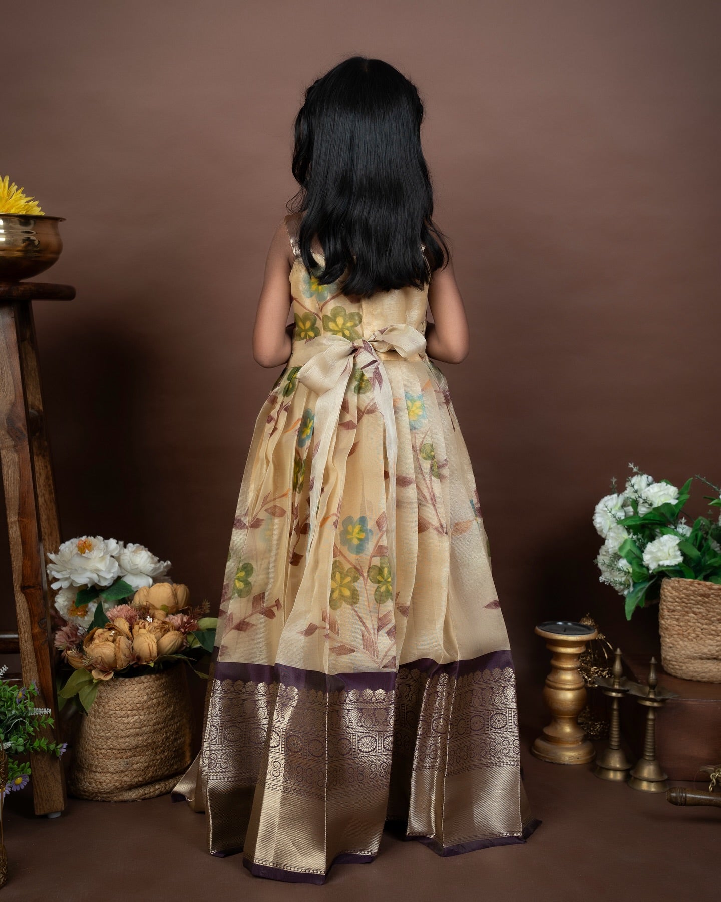 MALAR - Cream color Floral Hand-painted Frock with Traditional Brown Border