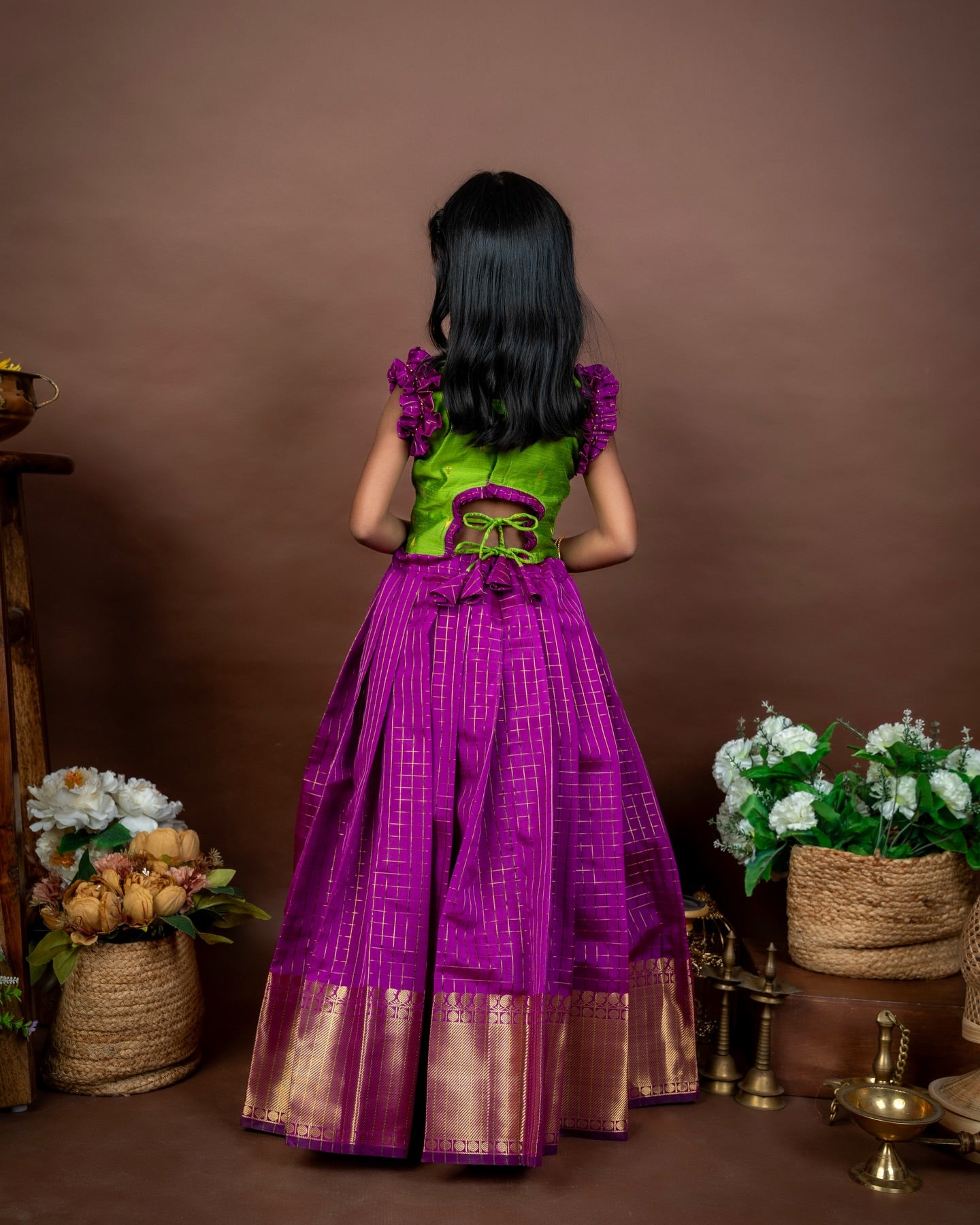 THURIGA - Light Green Raw Silk Top and Magenta Pink Checked Banarasi Skirt