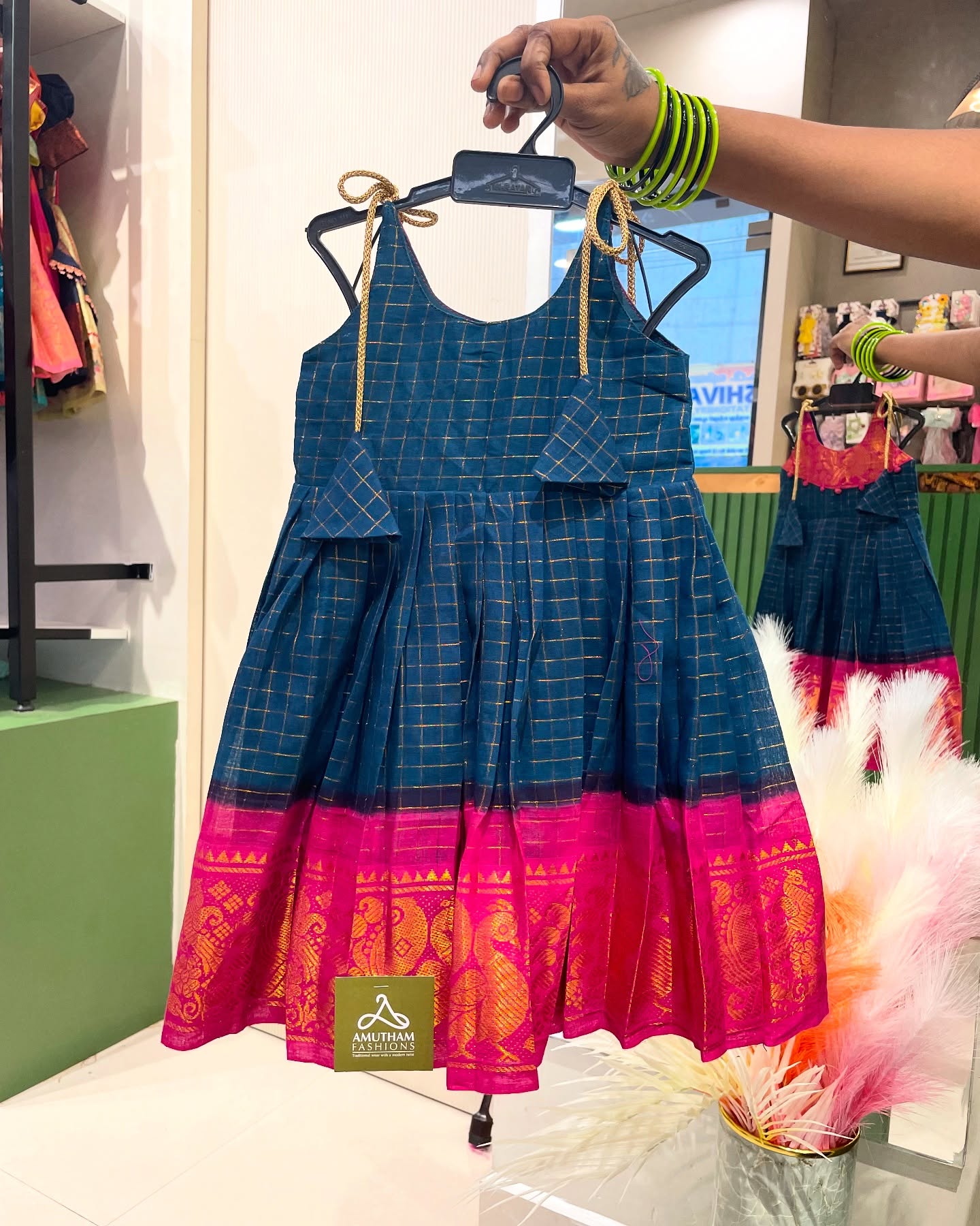 Sungudi Cotton Knot Frock – Peacock Blue with Pink