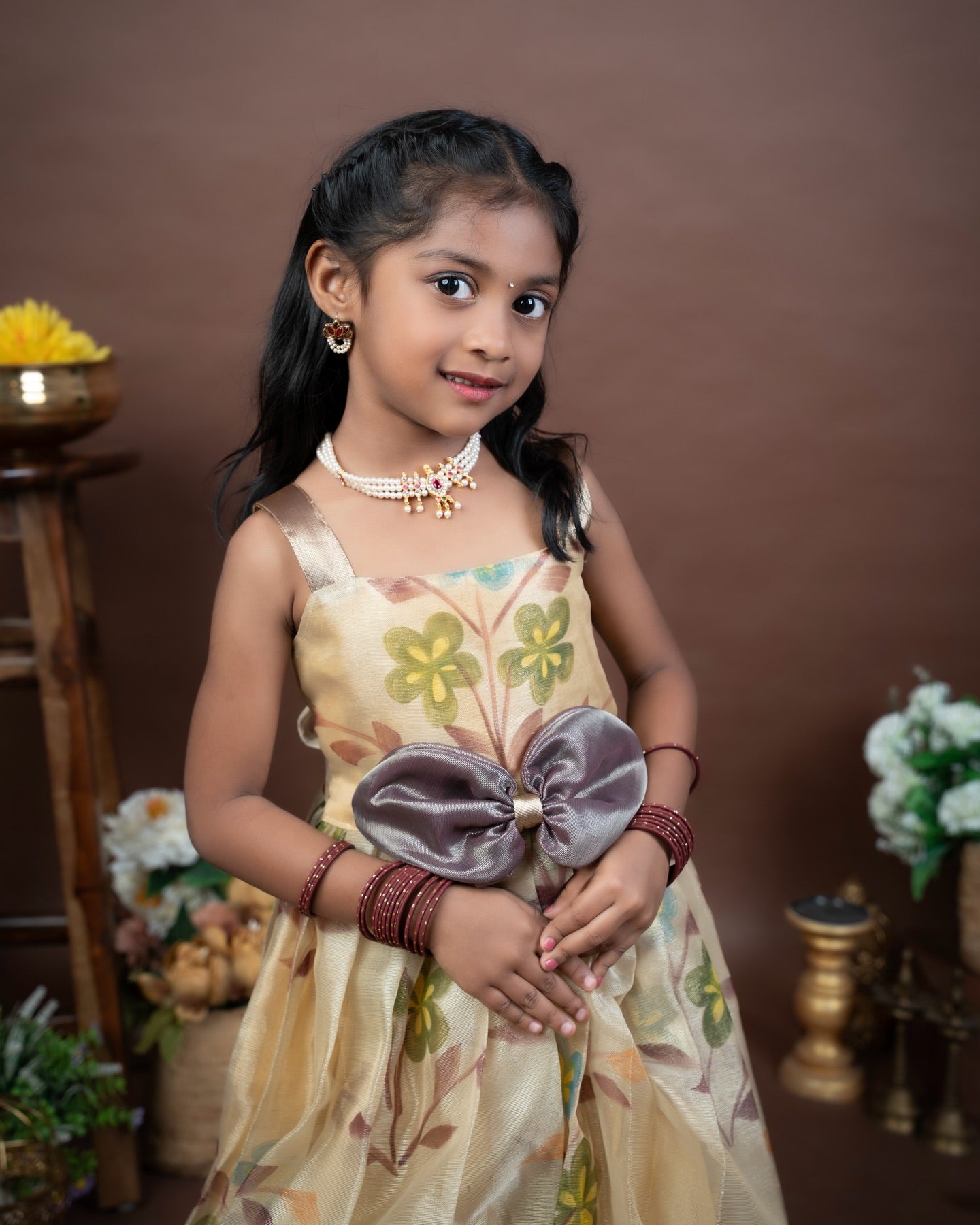 MALAR - Cream color Floral Hand-painted Frock with Traditional Brown Border