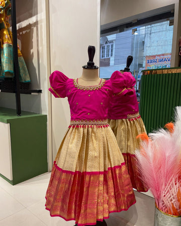 Pink and Cream Grand Handwork Premium Semi Kanchipattu Paavadai and Sattai