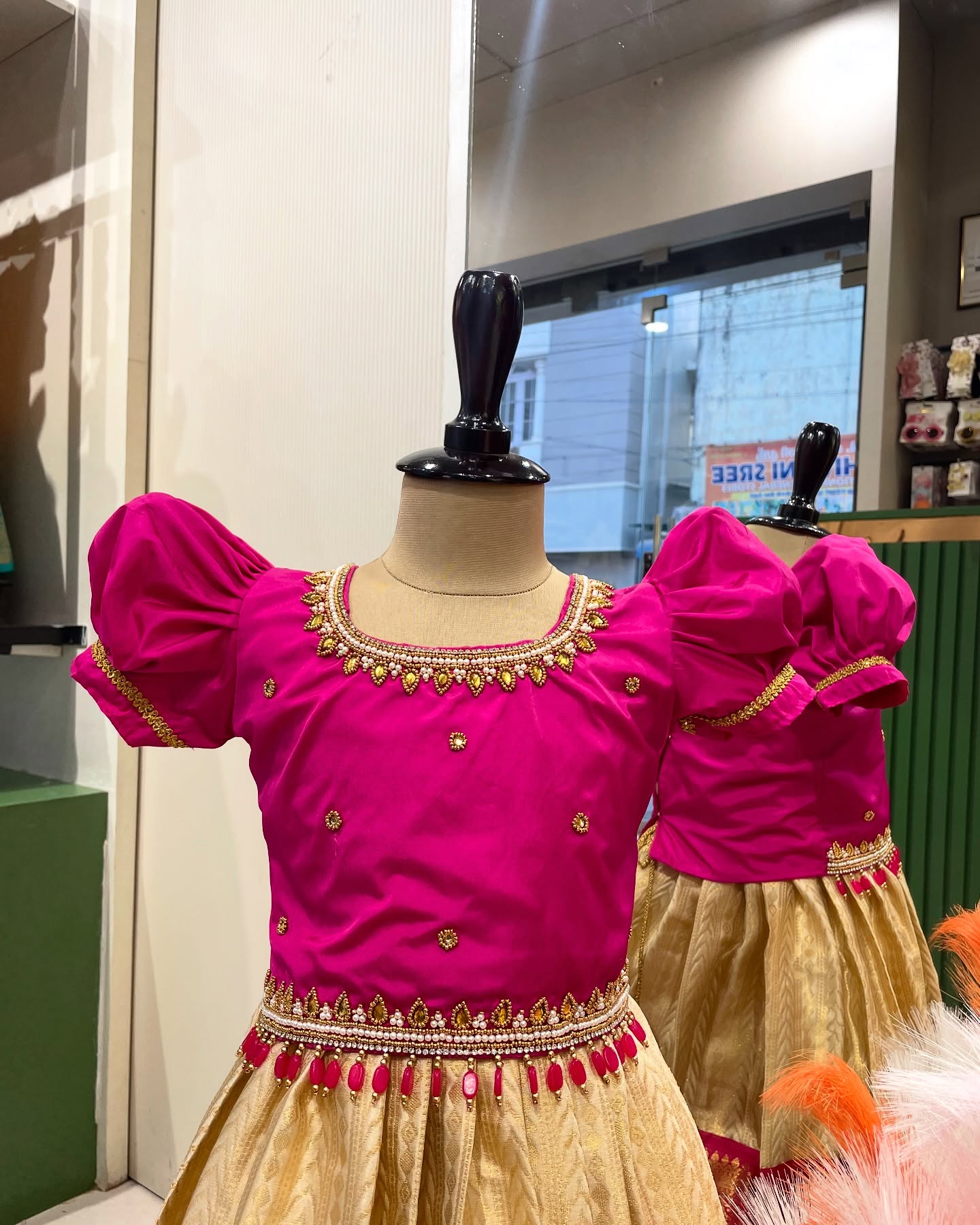 Pink and Cream Grand Handwork Premium Semi Kanchipattu Paavadai and Sattai