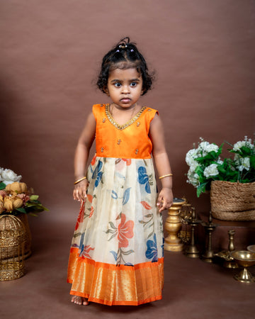 Orange and Cream Combo Tissue Silk Frock