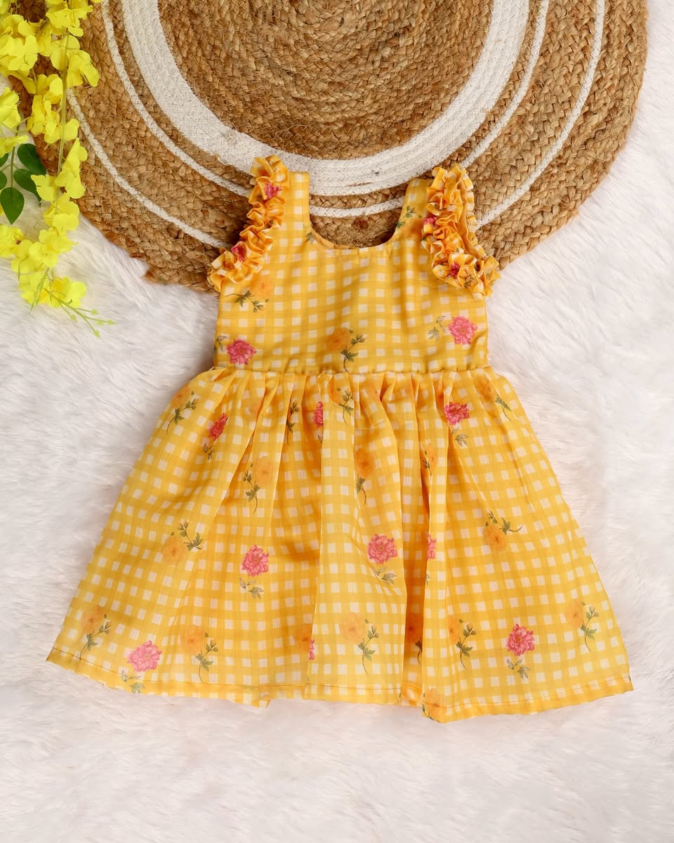 FANTASY CHECKS (YELLOW)- Mul Chanderi Kids Frock