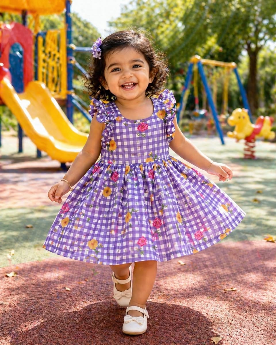FANTASY CHECKS (PURPLE)- Mul Chanderi Kids Frock