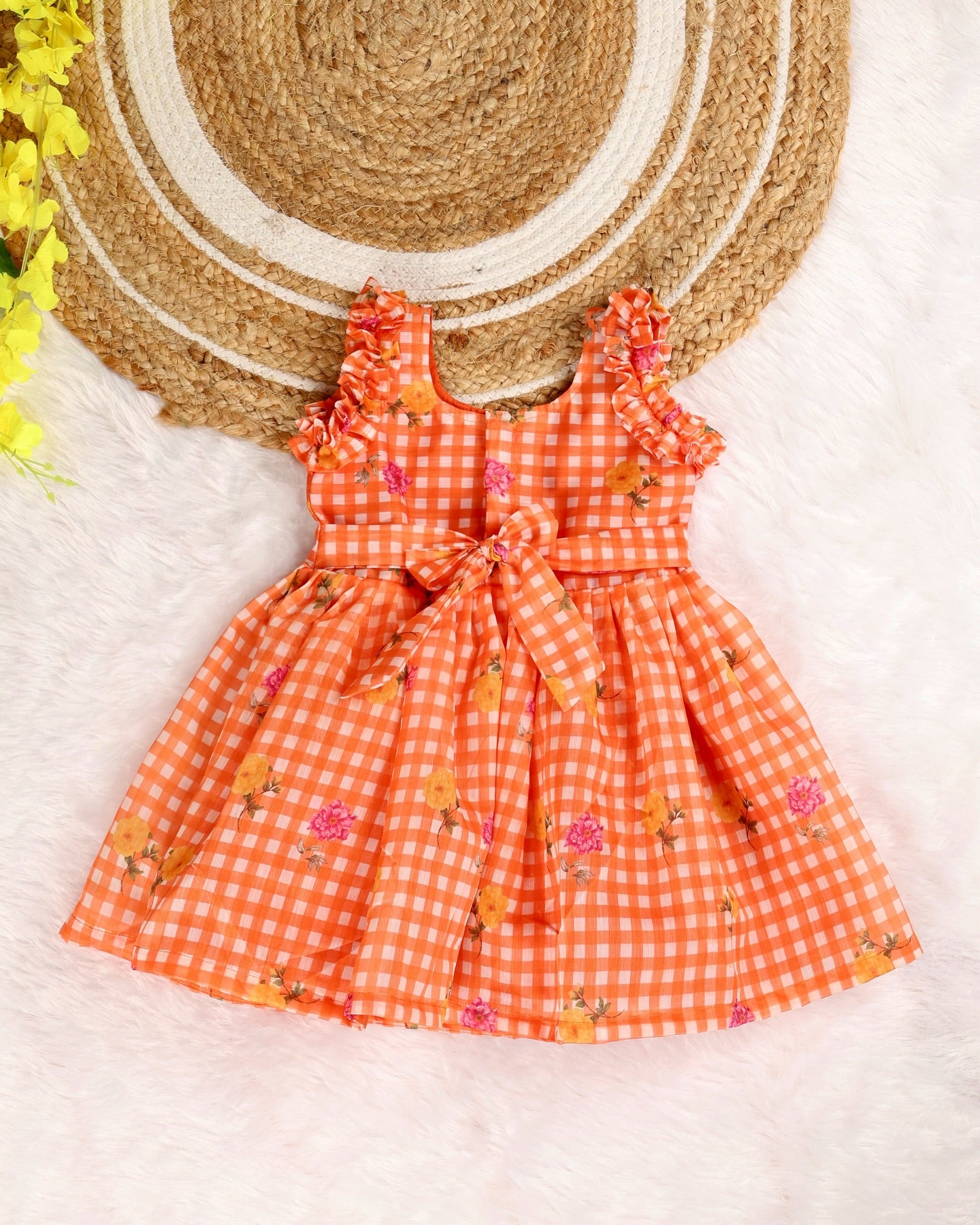 FANTASY CHECKS (ORANGE)- Mul Chanderi Kids Frock