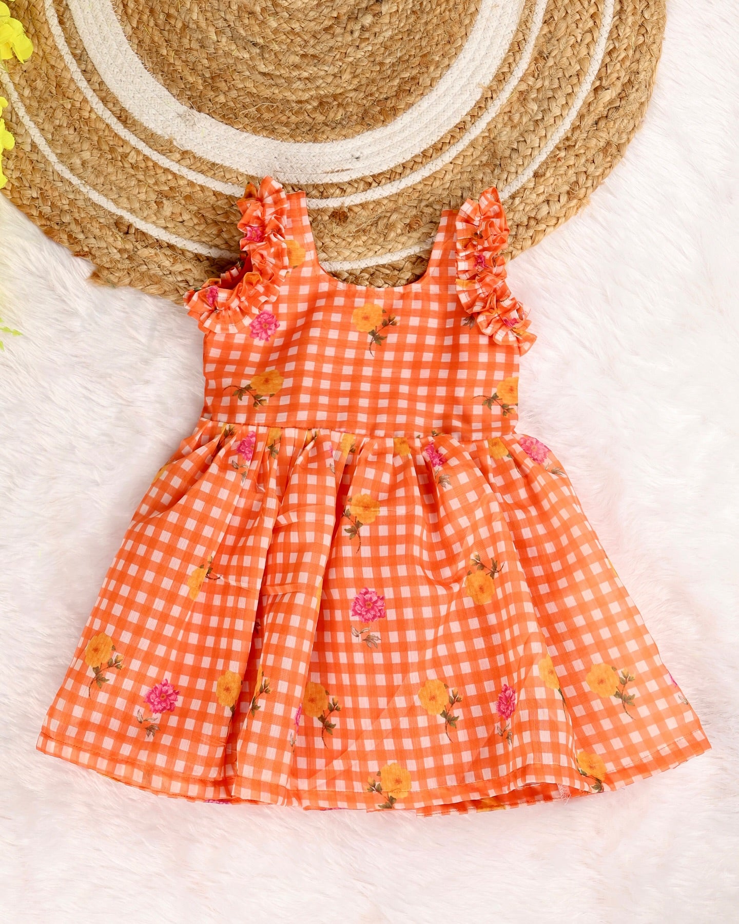FANTASY CHECKS (ORANGE)- Mul Chanderi Kids Frock