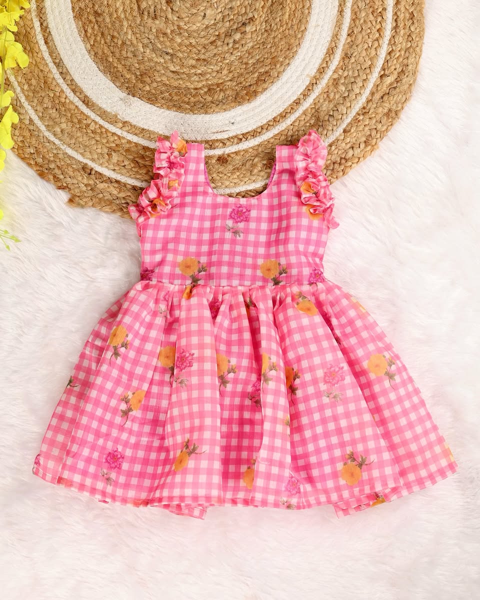 FANTASY CHECKS (BABY PINK)- Mul Chanderi Kids Frock