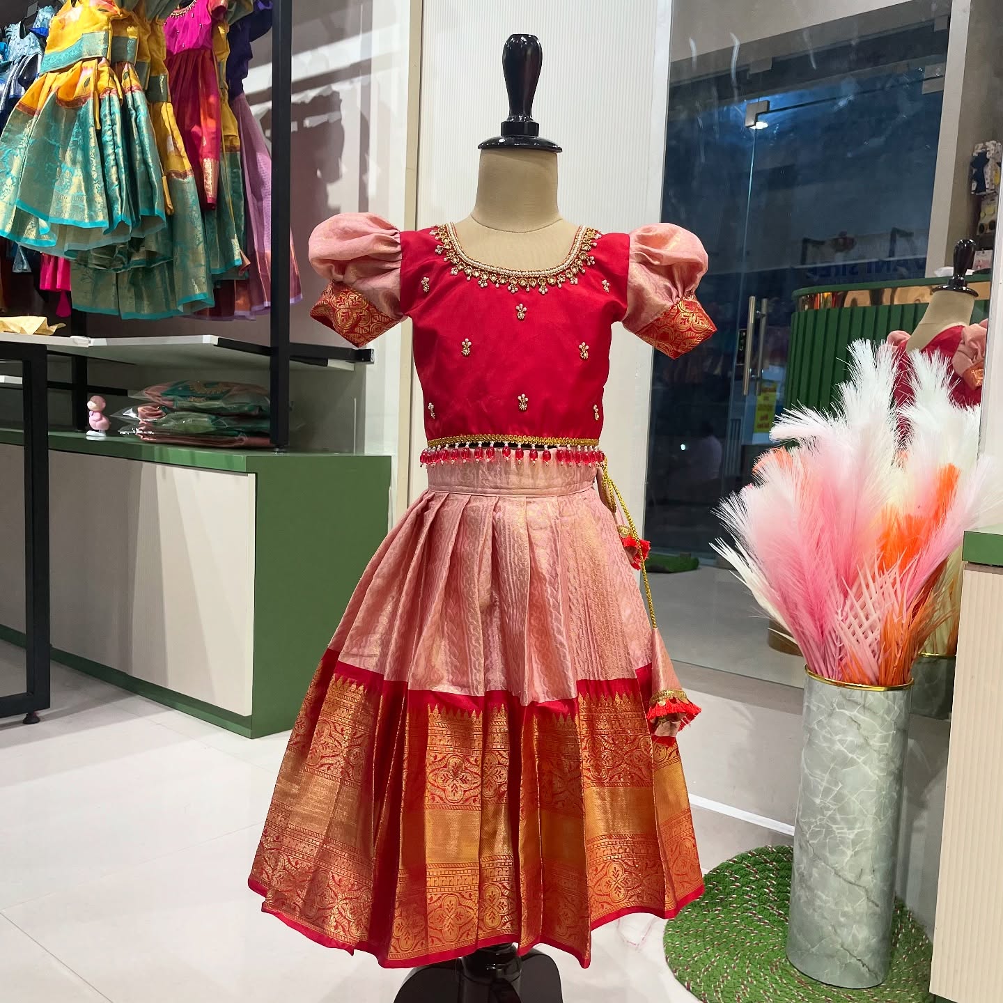 Peach and Red Grand Handwork Premium Semi Kanchipattu Paavadai and Sattai