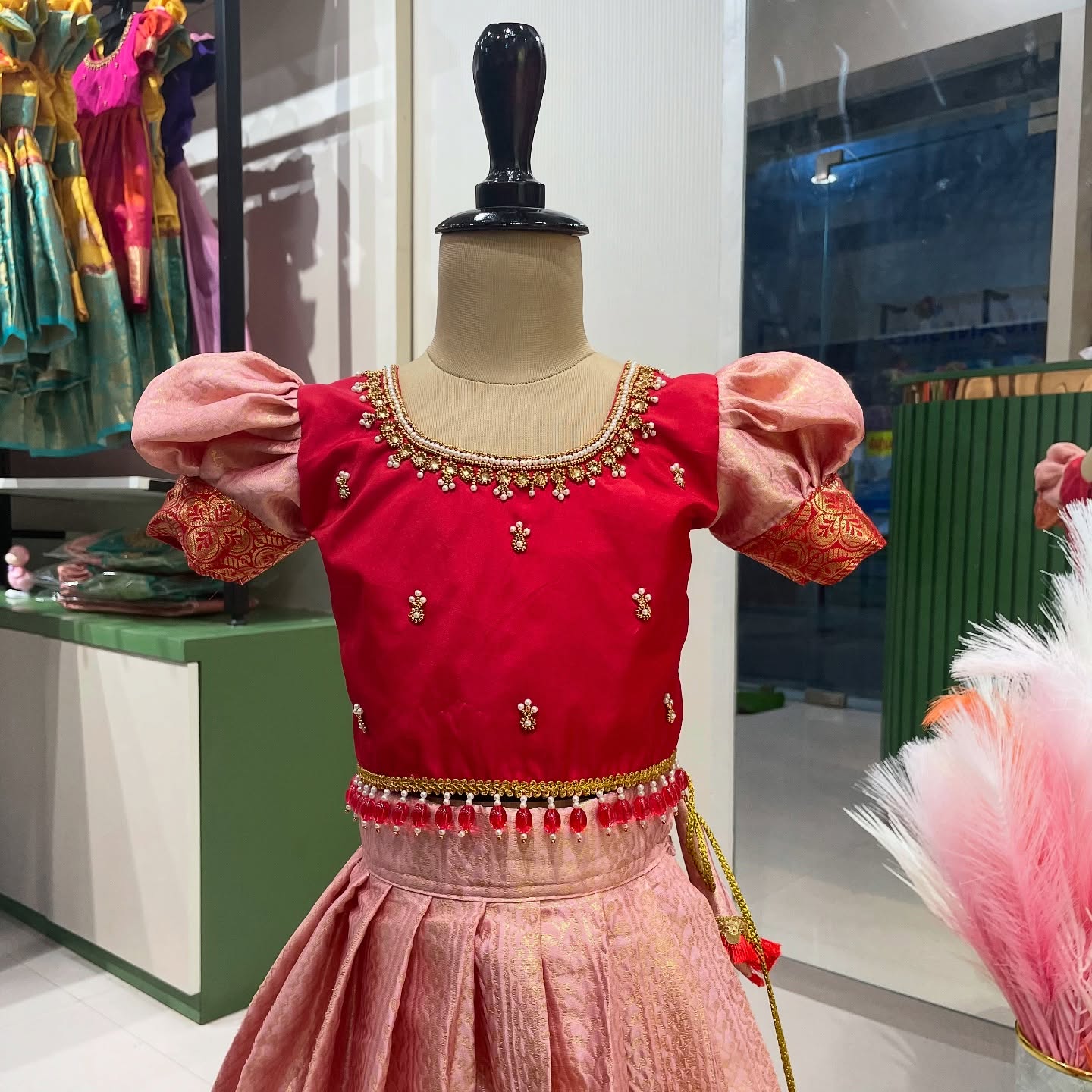 Peach and Red Grand Handwork Premium Semi Kanchipattu Paavadai and Sattai