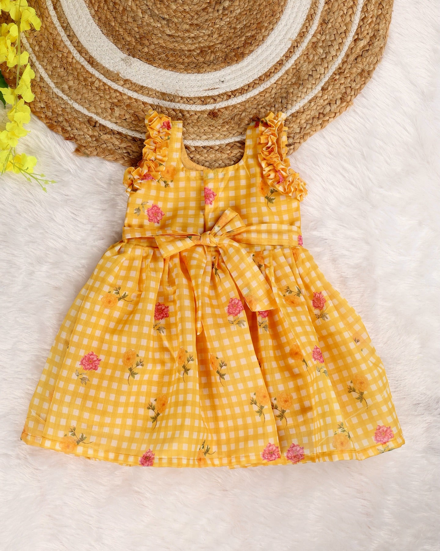 FANTASY CHECKS (YELLOW)- Mul Chanderi Kids Frock