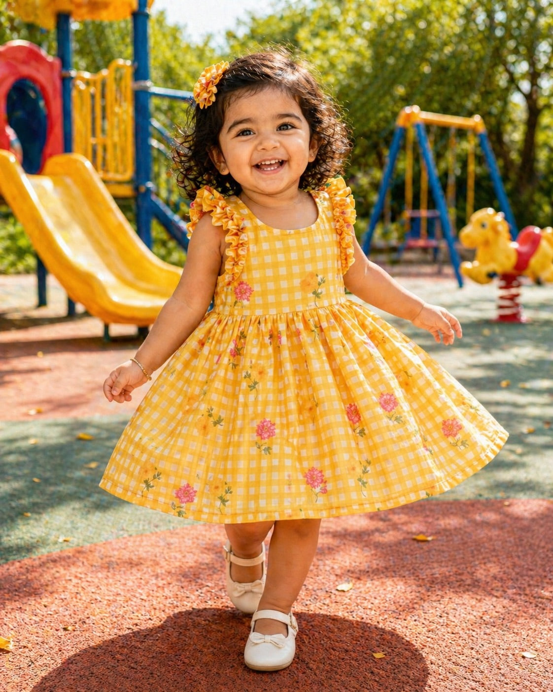 FANTASY CHECKS (YELLOW)- Mul Chanderi Kids Frock