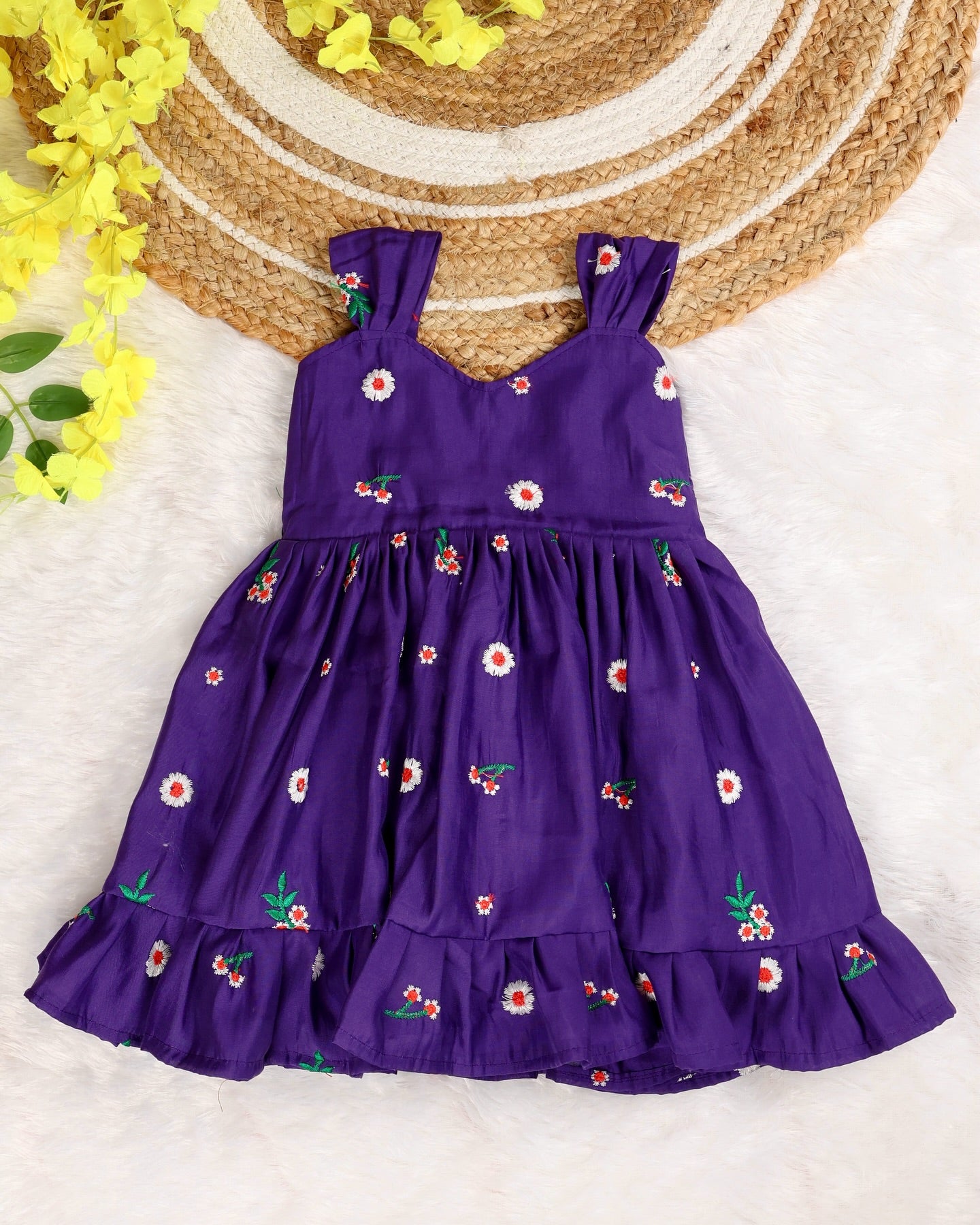 DAISY DREAM (VOILET) - Premium Mul Chanderi Embroidery Cotton Frocks for Kids