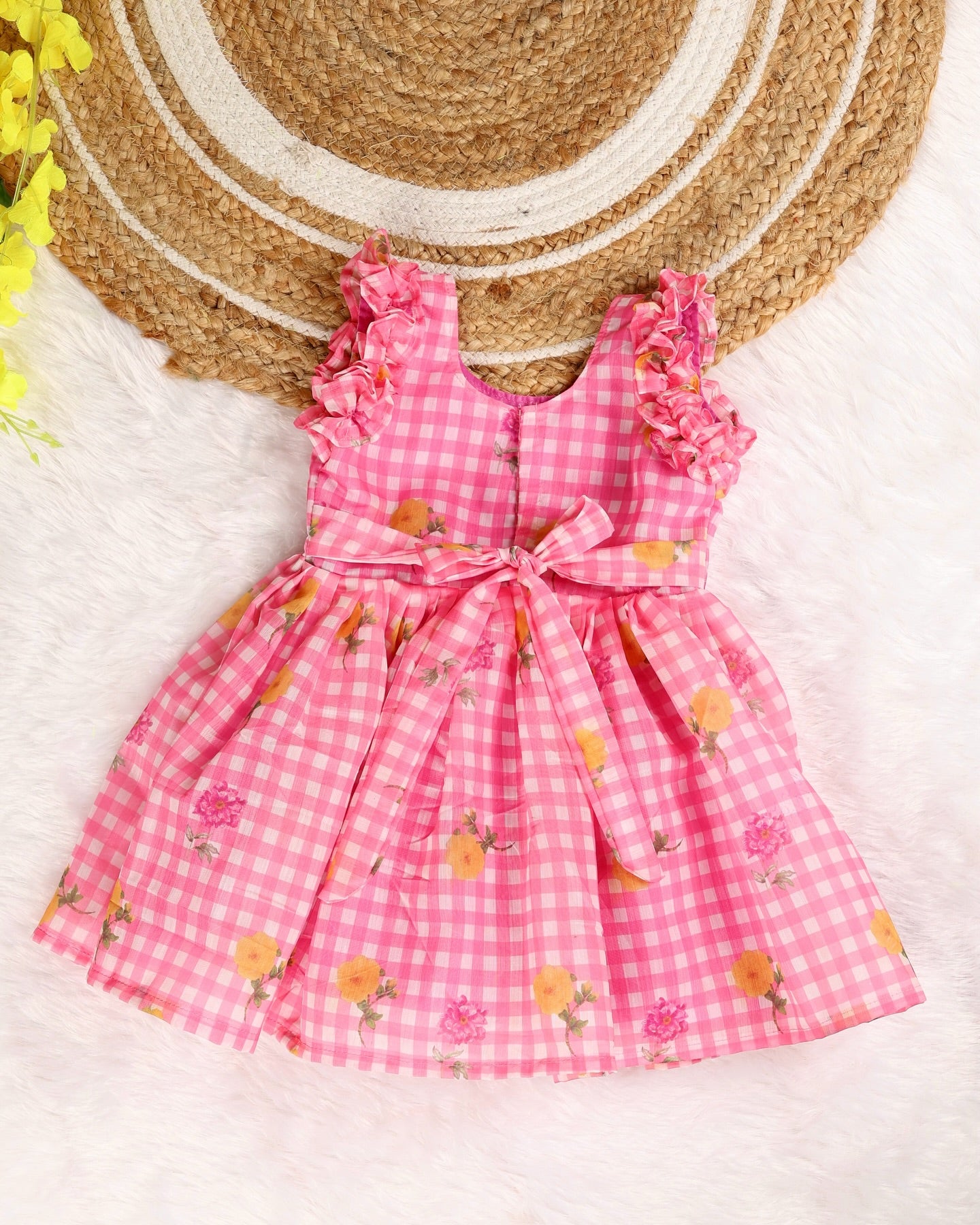 FANTASY CHECKS (BABY PINK)- Mul Chanderi Kids Frock