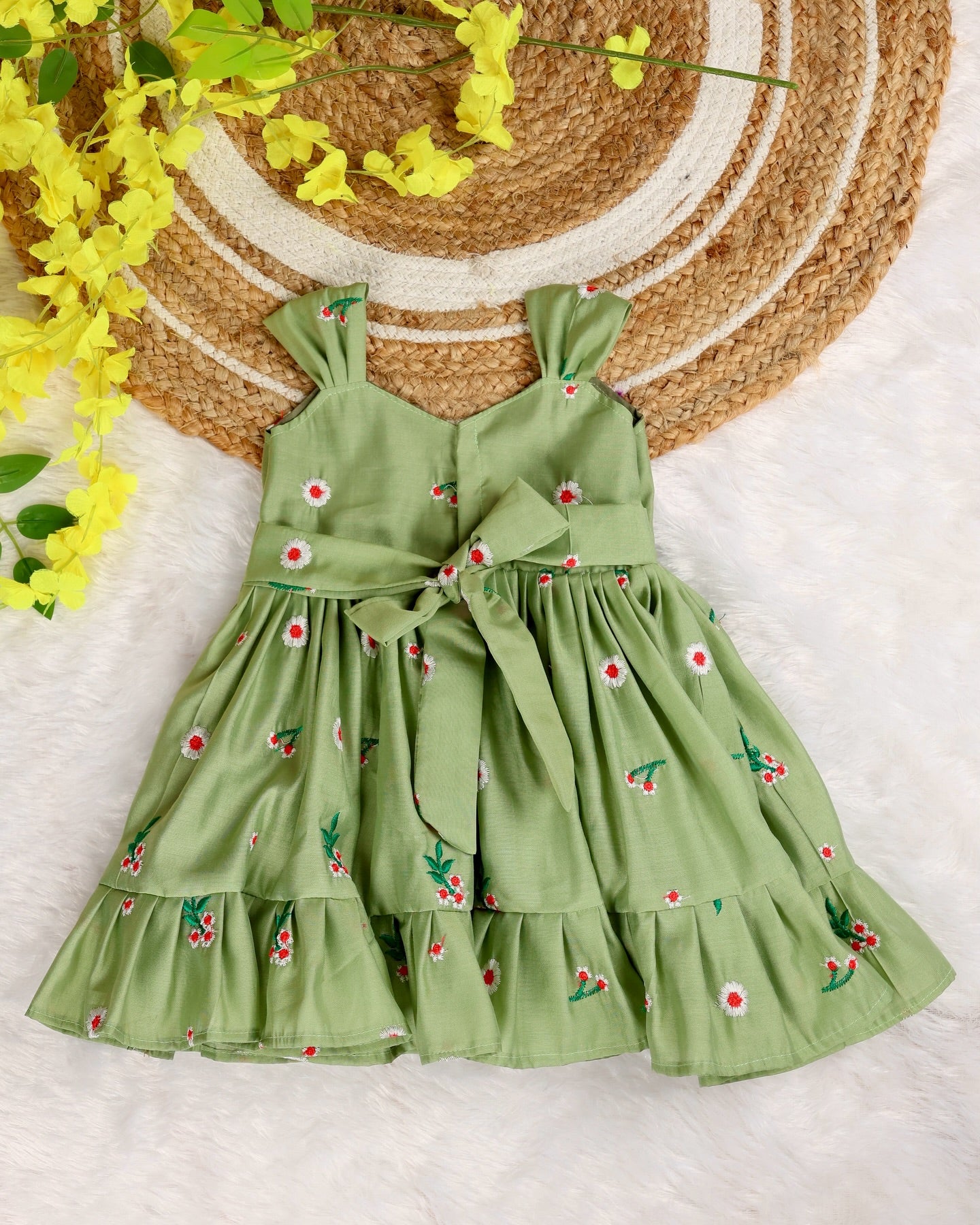 DAISY DREAM (PISTA GREEN) - Premium Mul Chanderi Embroidery Cotton Frocks for Kids