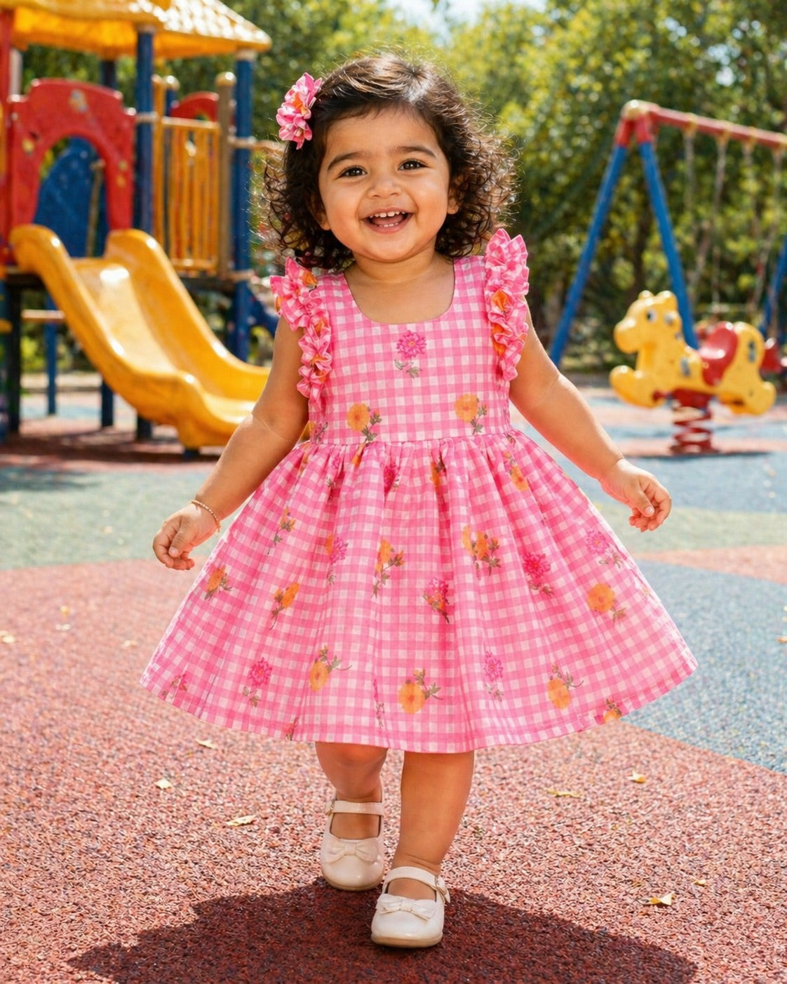 FANTASY CHECKS (BABY PINK)- Mul Chanderi Kids Frock