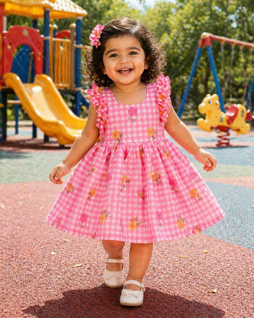 FANTASY CHECKS (BABY PINK)- Mul Chanderi Kids Frock