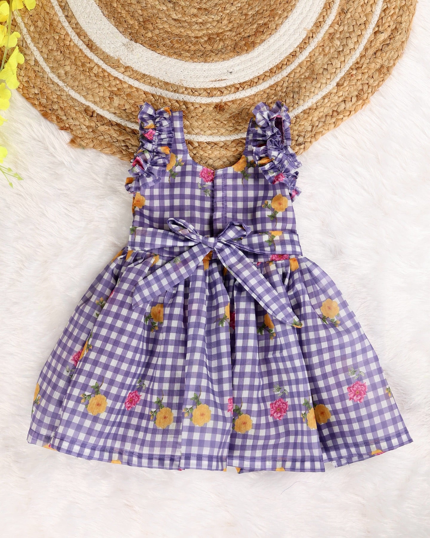 FANTASY CHECKS (PURPLE)- Mul Chanderi Kids Frock