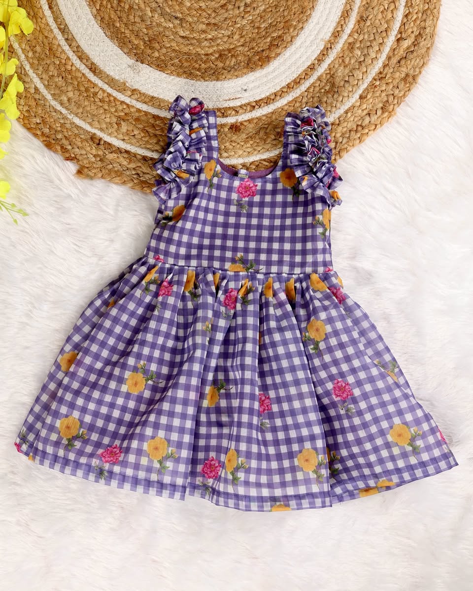 FANTASY CHECKS (PURPLE)- Mul Chanderi Kids Frock