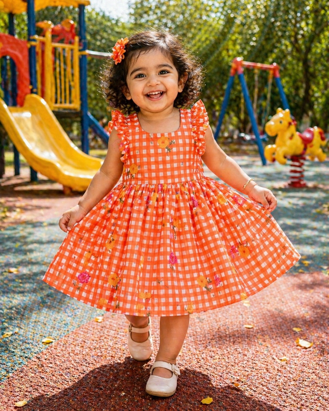 FANTASY CHECKS (ORANGE)- Mul Chanderi Kids Frock