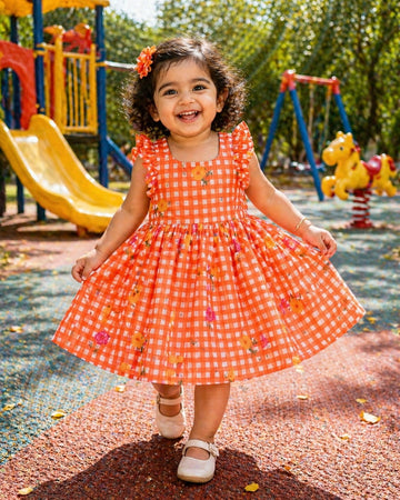 FANTASY CHECKS (ORANGE)- Mul Chanderi Kids Frock