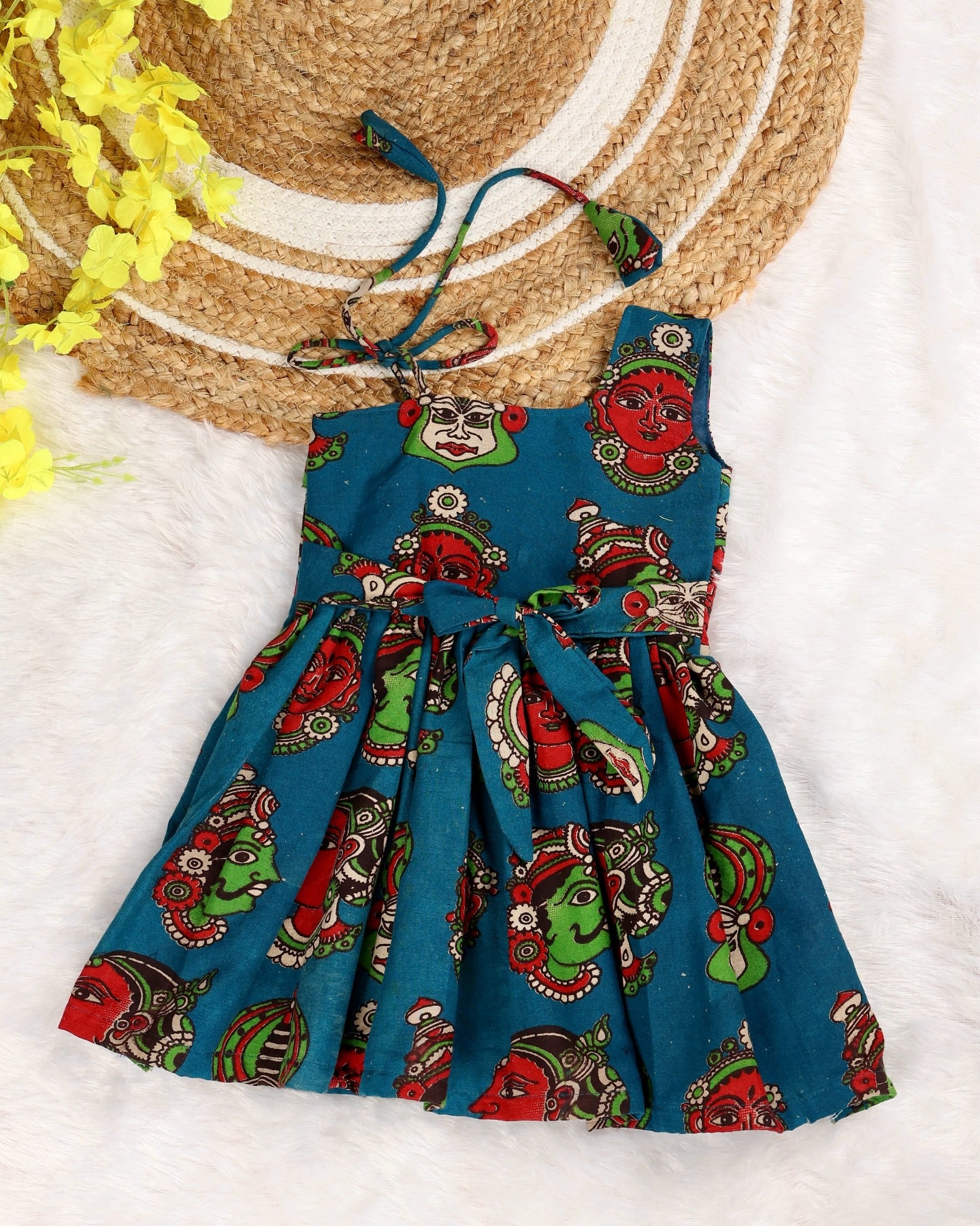 BLUE - Kalamkari Face Handblock Print Cotton Frocks for Kids