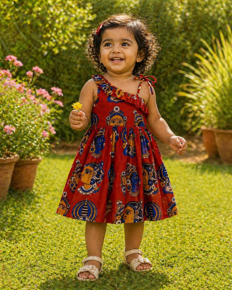 BRICK RED - Kalamkari Face Handblock Print Cotton Frocks for Kids