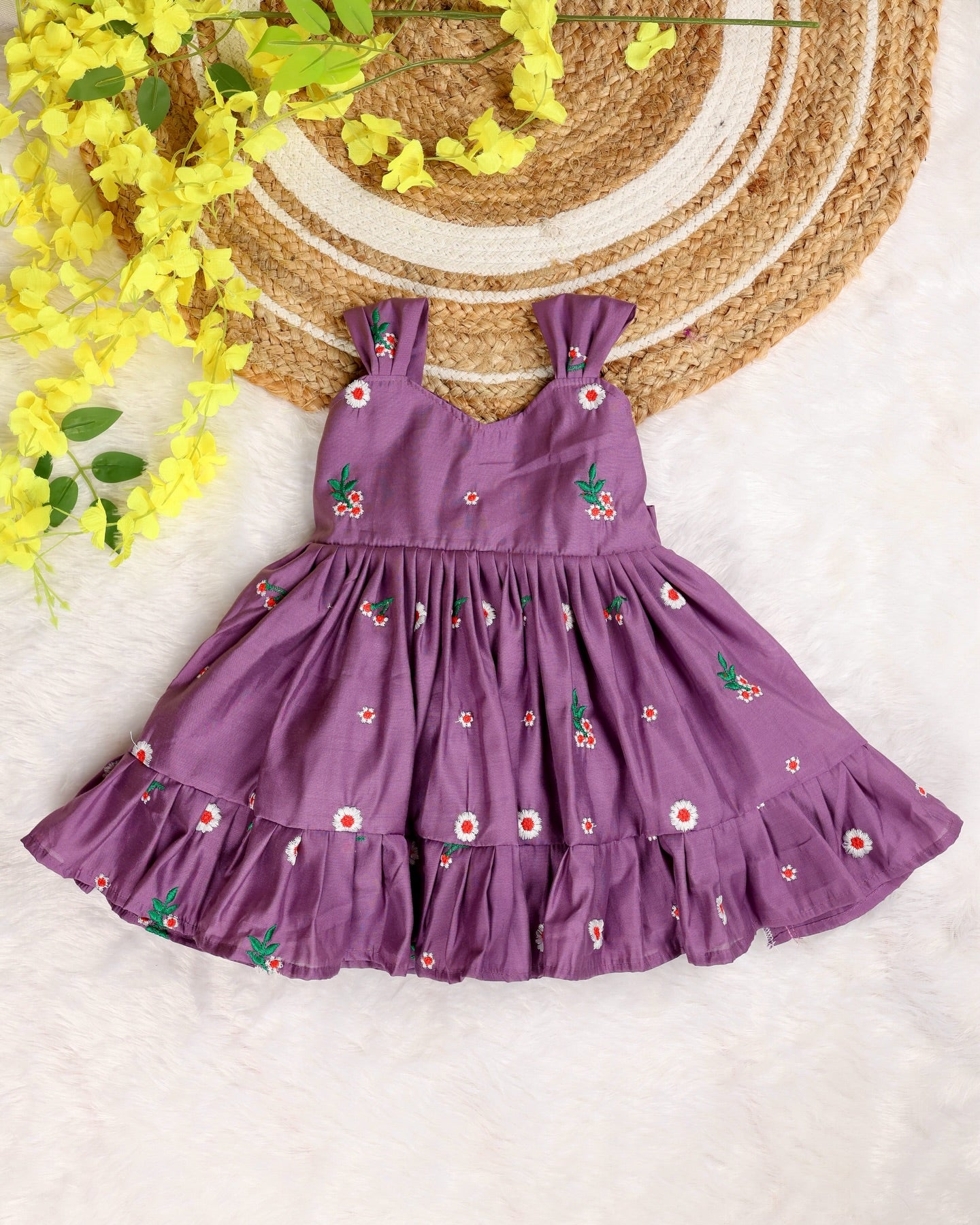 DAISY DREAM (FRENCH LILAC) - Premium Mul Chanderi Embroidery Cotton Frocks for Kids