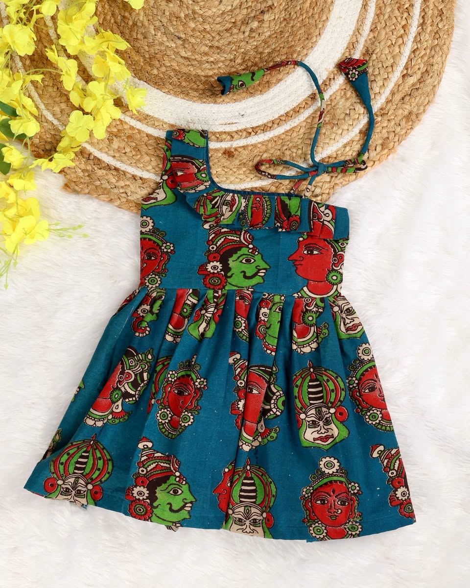 BLUE - Kalamkari Face Handblock Print Cotton Frocks for Kids
