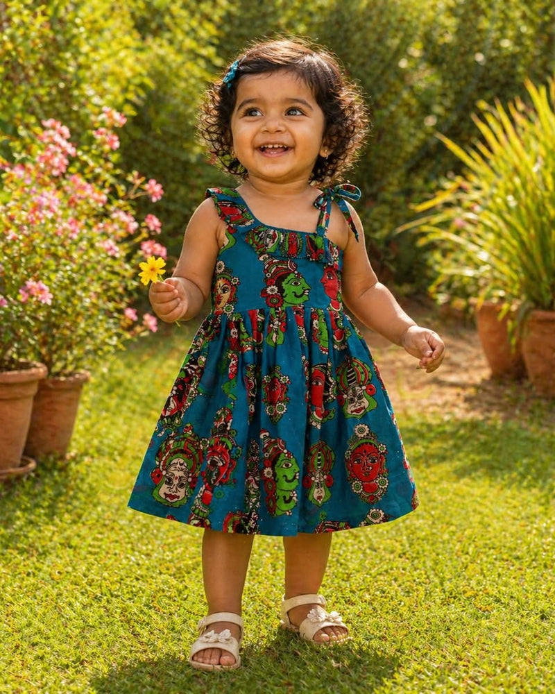 BLUE - Kalamkari Face Handblock Print Cotton Frocks for Kids