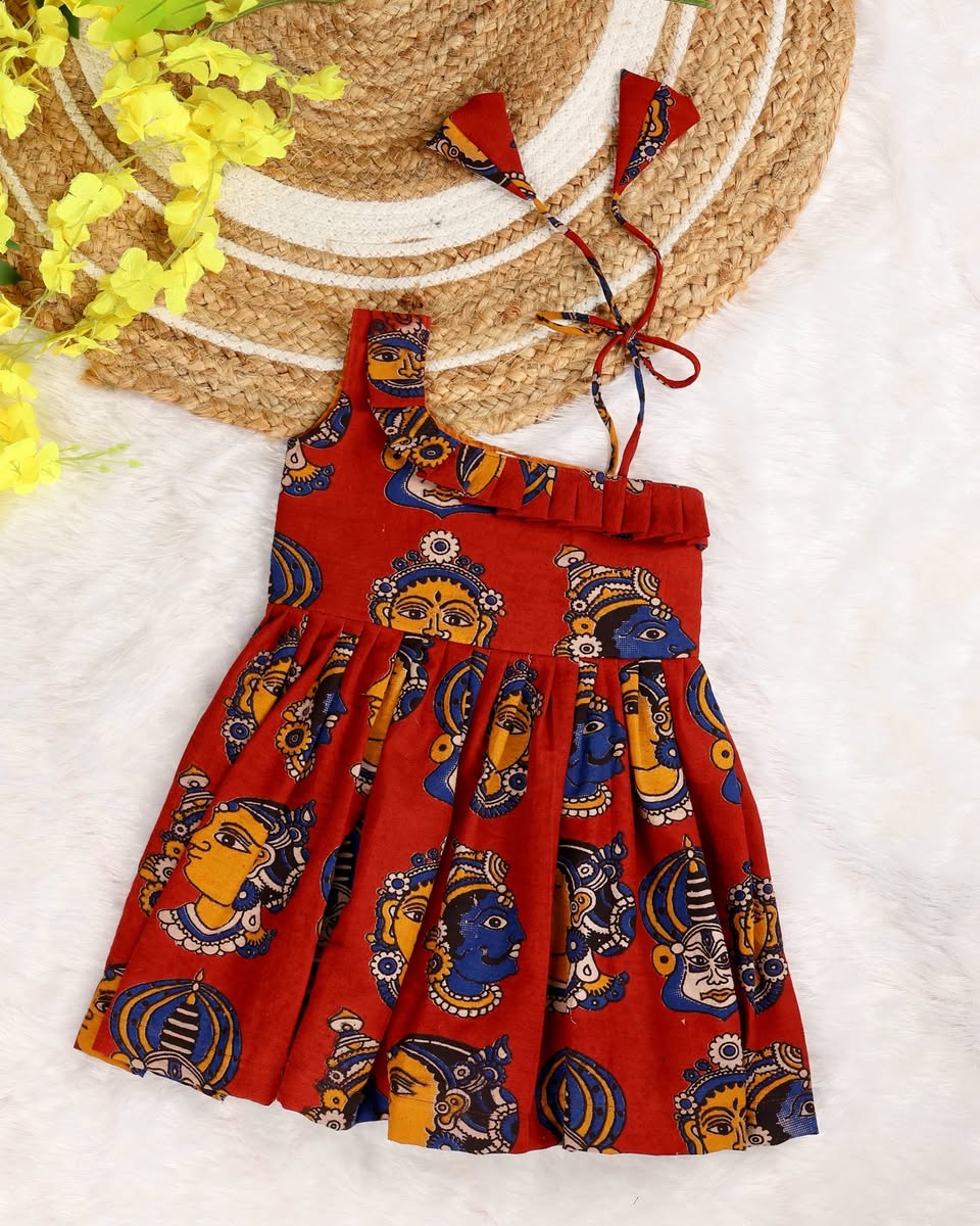 BRICK RED - Kalamkari Face Handblock Print Cotton Frocks for Kids
