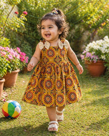 AJRAKH MANIA (MUSTARD YELLOW) - Adorable Ajrakh Cotton Frocks for little fashionistas!