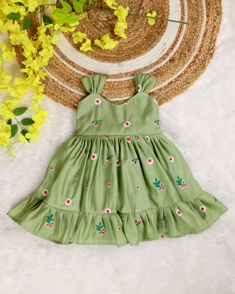 DAISY DREAM (PISTA GREEN) - Premium Mul Chanderi Embroidery Cotton Frocks for Kids