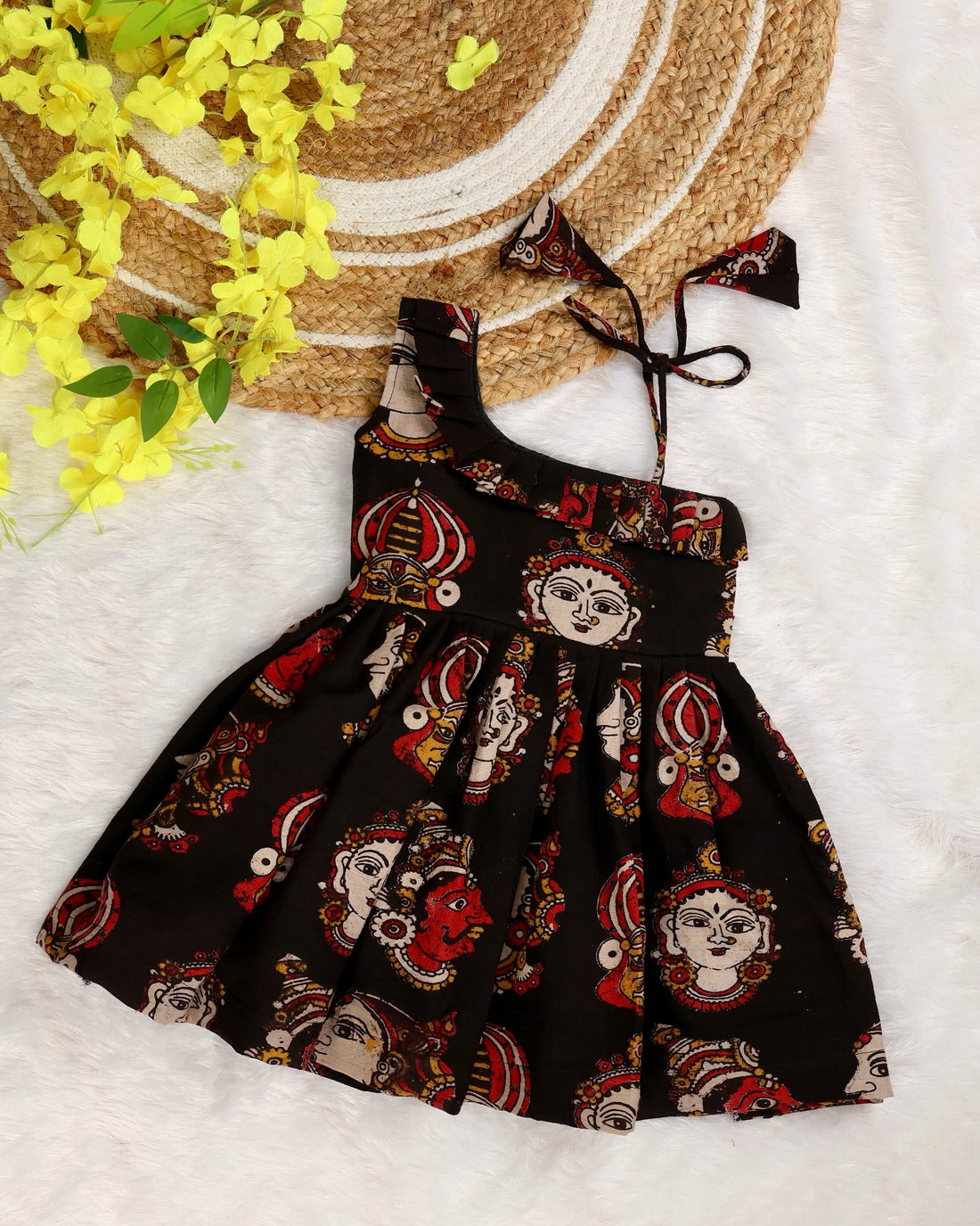 BLACK - Kalamkari Face Handblock Print Cotton Frocks for Kids