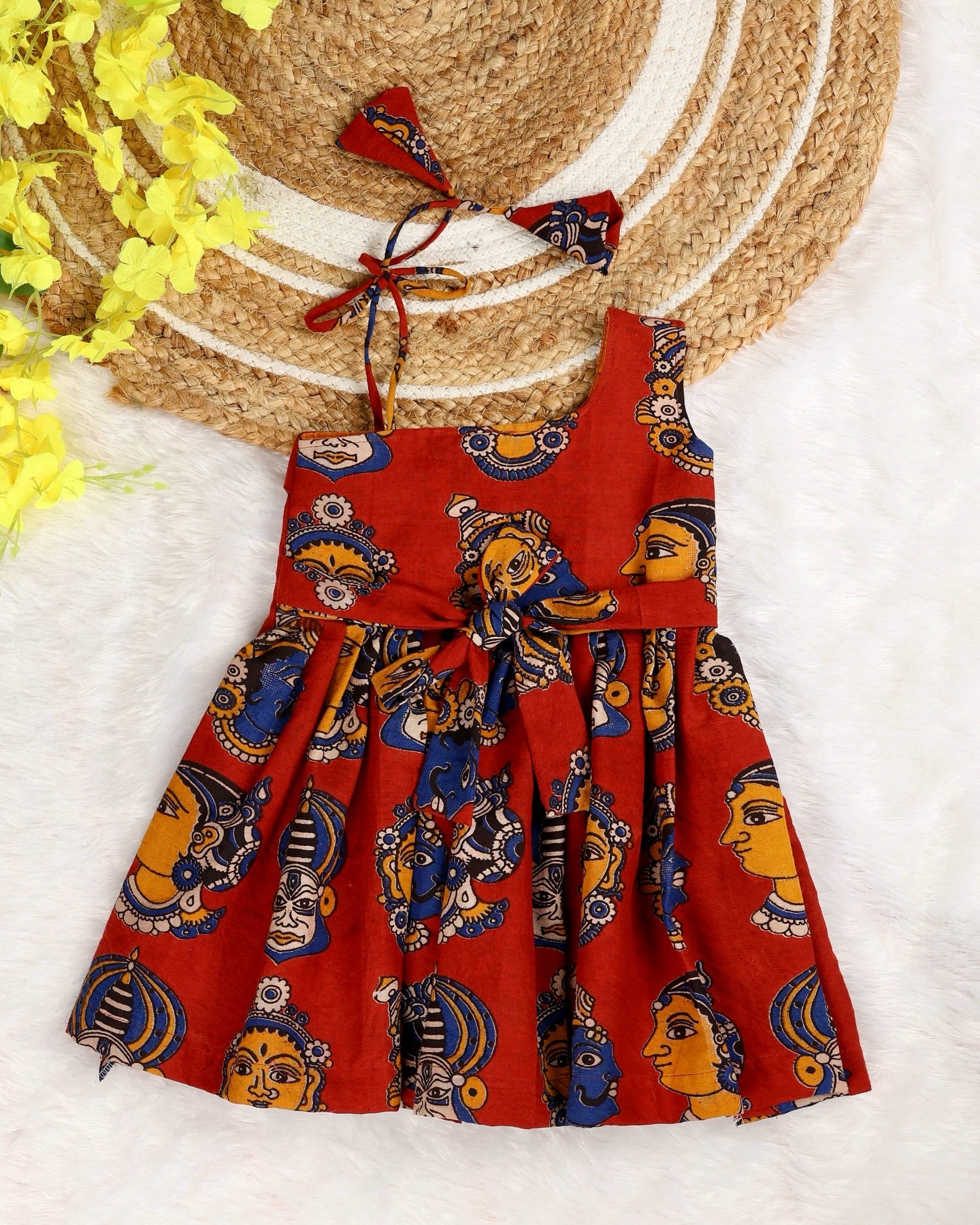BRICK RED - Kalamkari Face Handblock Print Cotton Frocks for Kids